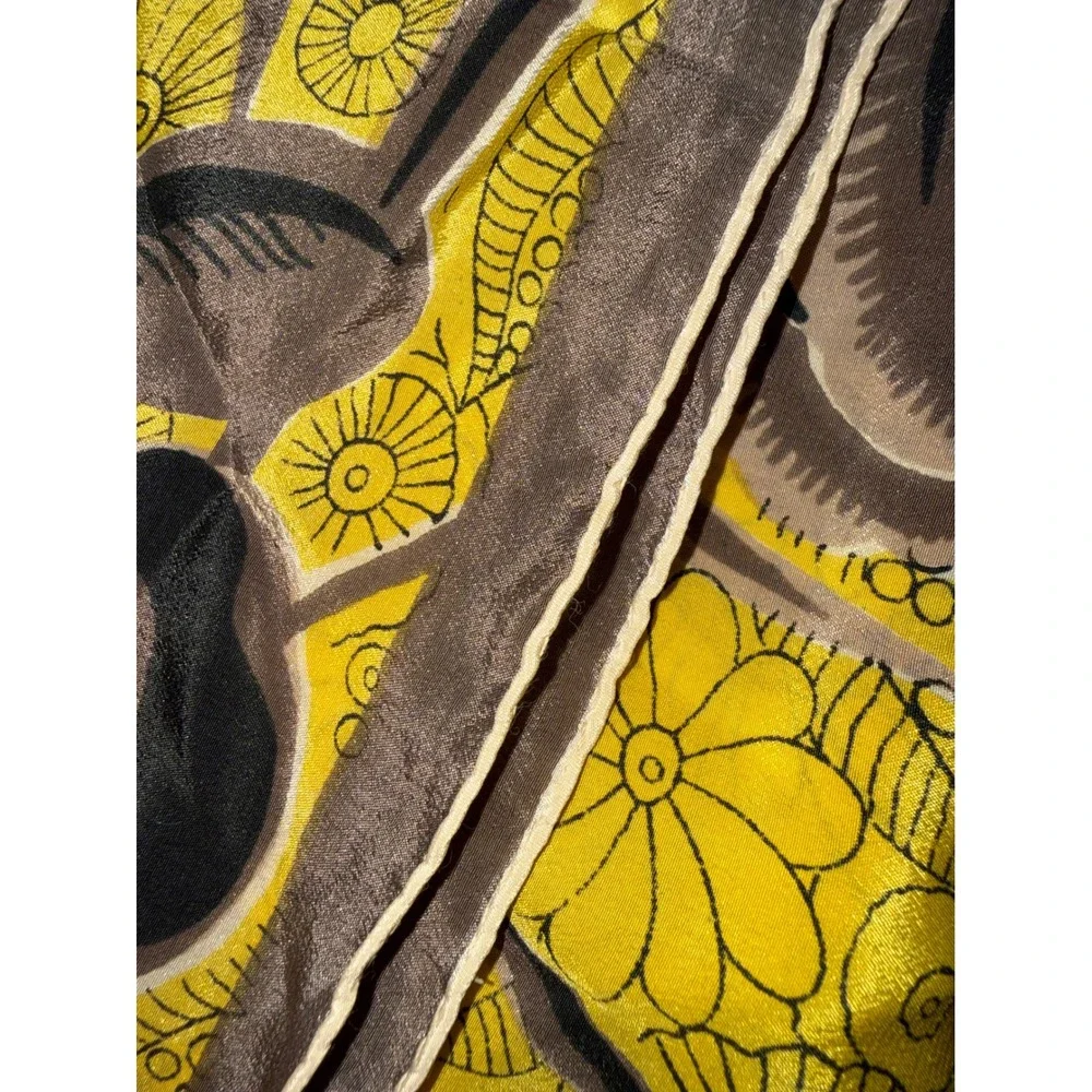 Vintage Floral Iris Square Scarf Yellow Brown Black Botanical Print Satin Wrap